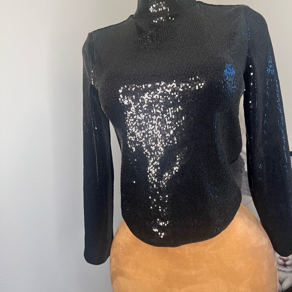 Express Black Sequin Mandarin Collar Blouse
